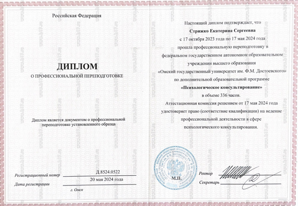 Диплом о профессиональной переподготовке ОмГУ им. Достоевского