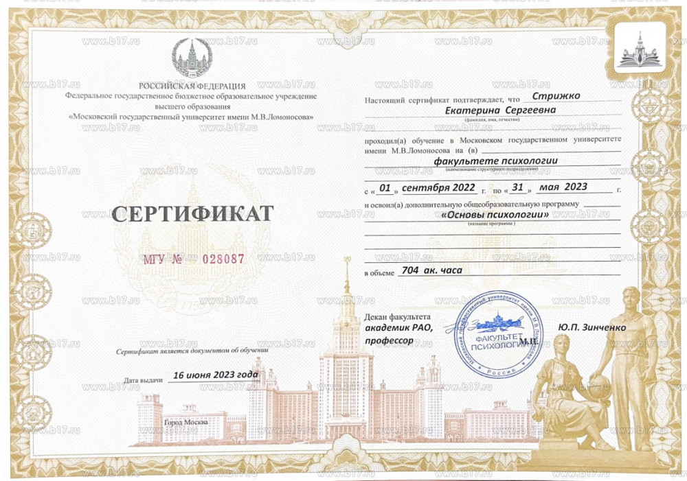 Сертификат: Основы психологии, МГУ им. Ломоносова